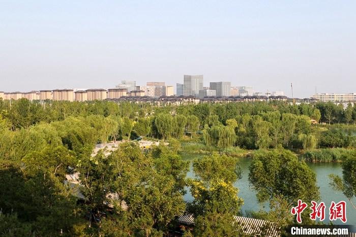 從完成頂層設計到如火如荼大規(guī)模建設，六年來，雄安新區(qū)如春天的竹子一般拔節(jié)生長，這座承載千年大計的“未來之城”已雄姿初顯。從“一張白紙”開始著墨，如今的雄安新區(qū)已是濃墨重彩的“山水畫”。<a target='_blank' href='/'>中新社</a>記者近日走訪了雄安新區(qū)多地，從“藍綠金”三色感受這座“未來之城”的巨大變化。圖為7月18日拍攝的河北雄安新區(qū)金湖公園。 <a target='_blank' href='/'>中新社</a>記者 易海菲 攝