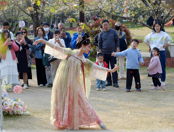 清明假期期間，上海顧村公園櫻花島上，游客在觀賞國(guó)風(fēng)漢服快閃表演。（圖片來(lái)源：視覺(jué)中國(guó)）